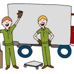 Two movers in front of a moving truck illustrated