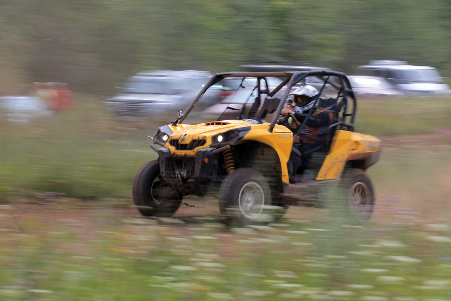 Yellow ATV in a grassy field.